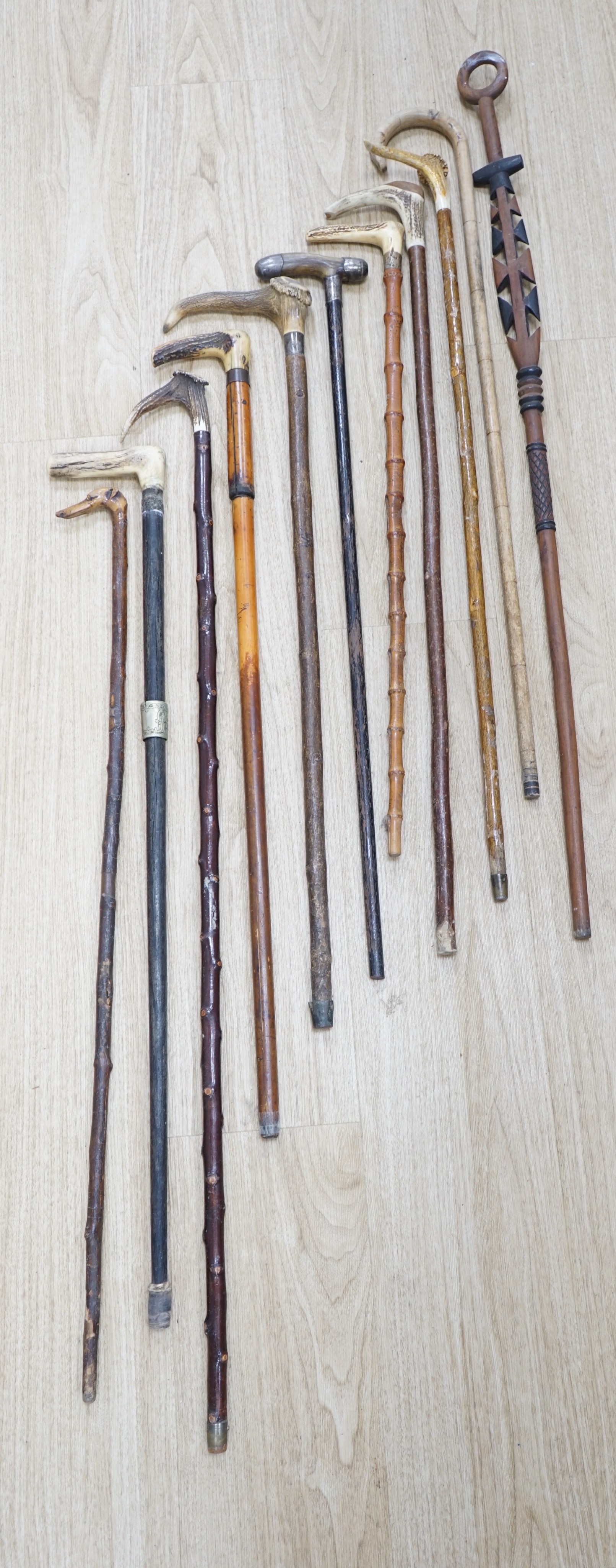 Twelve assorted walking sticks including silver mounted and staghorn handled